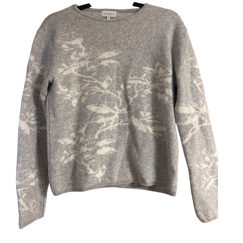 Bianco & Blu Italy Merino Wool Cashmere Floral Knit Sweater Grey White Large